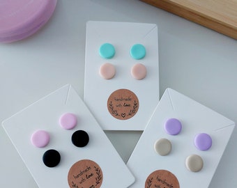 BUTTONS Stud earrings. White, Beige, Lavender, Pink, Black, Mint, Pale Pink. Stainless Steel. Made in Finland.