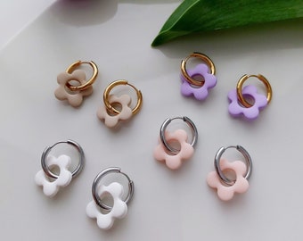 HUGGIE BLOOM Earrings. Lavender, Mint, Pink, Pale Pink, White, Beige, Emerald, Black. Stainless Steel. Made in Finland.