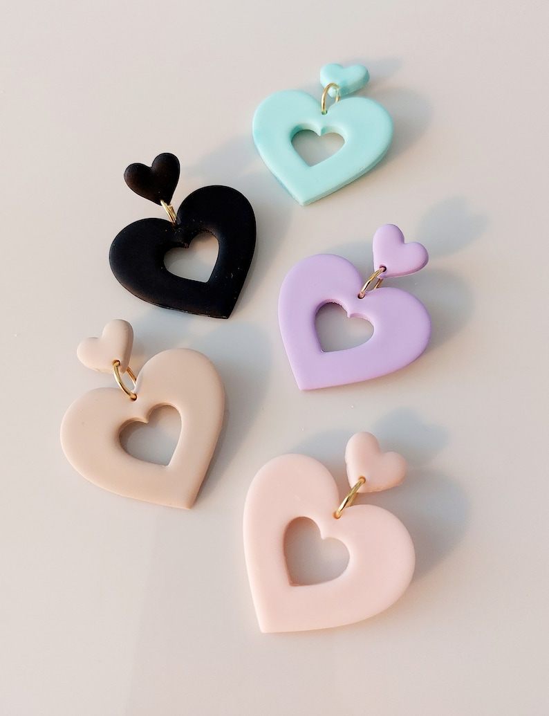 LOVE HEART Earrings. Lavender, Mint, Pale Pink, Beige, Red, Emerald, Black. Stainless Steel. Made in Finland. zdjęcie 1