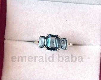 Natural London Blue Topaz Ring, 925 Sterling Silver Three Stone Gemstone Ring, Emerald Cut London Blue Topaz Ring, Dainty Blue Stone Ring