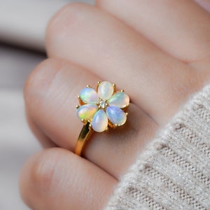 Natural Fire Opal Flower Ring, 14k Gold & 925 Sterling Silver October Birthstone Ring, Multi Gemstone Opal Pear Shape Cabochon Ring