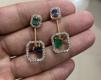 Natural Emerald & Tanzanite Earrings, Zambia Emerald Earrings, 14k Gold / 925 Sterling Silver Earrings, Birthstone Earrings Earrings For Her