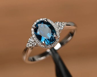 Natural London Blue Topaz Ring, Oval Cut Halo London Topaz Engagement Ring For Her, 925 Sterling Silver Ring, Wedding Ring ,Promise Ring