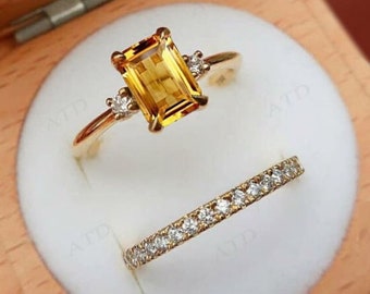 Natural Citrine Engagement Ring Set 14k Rose Gold Citrine Emerald Cut Wedding Ring Set Bridal Ring Set November Birthstone Ring For Her