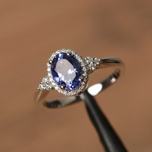 Tanzanite Ring, Oval Cut Halo Tanzanite Ring, 925 Sterling Silver Engagement Ring Gift For Wife & Girlfriend
