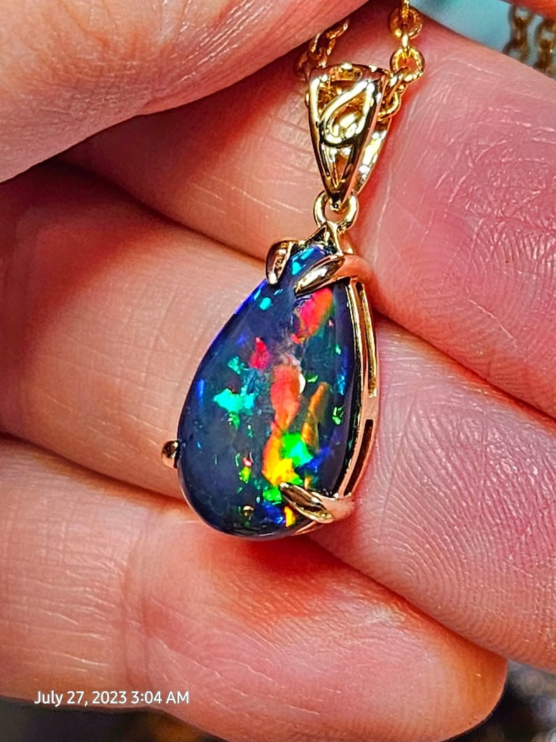 Genuine Black Opal Pendent, Pear Shape Black Opal Pendent For Girls, Handmade Opal Pendent, Gift For Wife, Birthstone Pendent, Gift For Her image 4