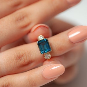 Rectangular London Blue Topaz Ring, London Blue Topaz Emerald Cut Ring, Gift For Wife & Girlfriend, December Birthstone Ring, Gift For Her image 1