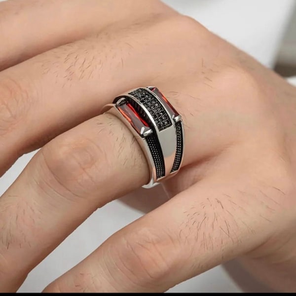 Natural Black Onyx & Garnet Men's Ring, 925 Sterling Silver Men's Ring, Birthstone Ring, Engagement And Wedding Ring For Him