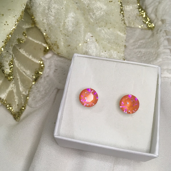 Elegant Minimalist Round Silver Stud Earrings with Sparkling Orange Crystal