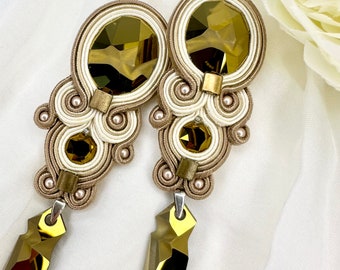Gold Soutache Earrings, Gold Elegant Earrings, Gold Dangle Earrings, Gold Statement Earrings, Gold Soutache Drop Earrings