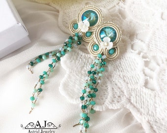 Soutache green beige earrings
