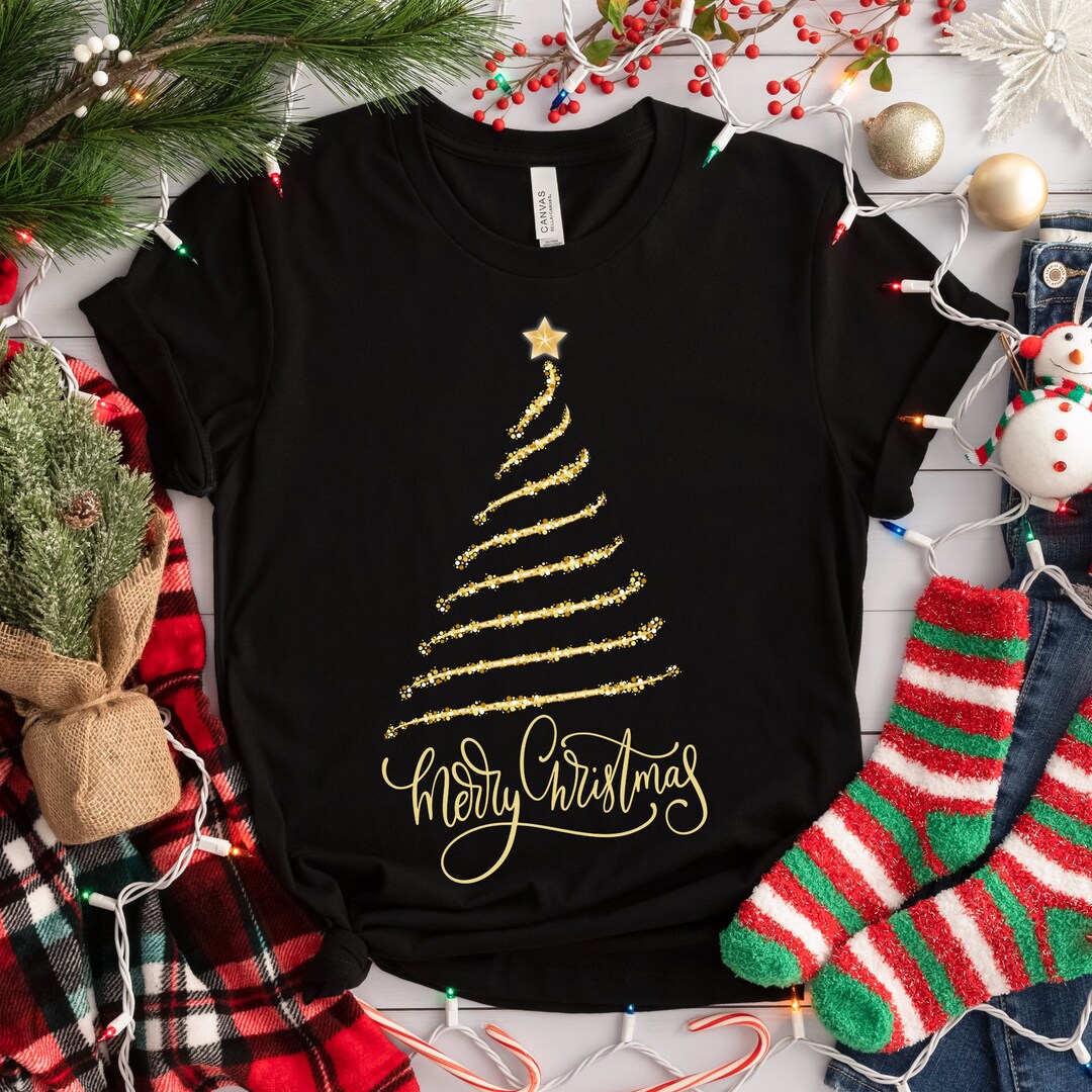 Merry Christmas Sparking Gold Christmas Tree Jersey Short Etsy