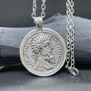 Markus Aurelius Rome Coin Necklace, Rome Coin Pendant Gifts, Silver Plated Greek Necklace, Vintage Cameo Jewelry, Unisex Medallion Necklace