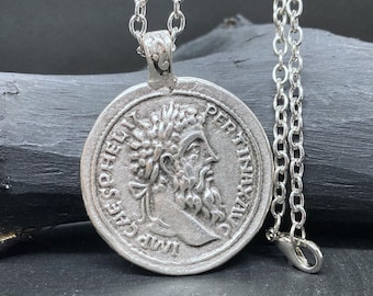 Markus Aurelius Rome Coin Necklace, Rome Coin Pendant Gifts, Silver Plated Greek Necklace, Vintage Cameo Jewelry, Unisex Medallion Necklace