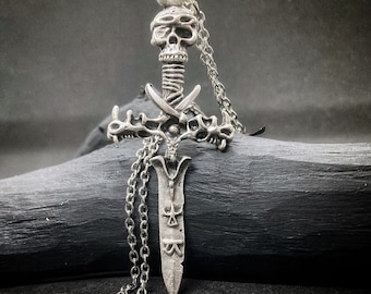 Skull & Bones Sword Necklace: Gothic Pirate Pendant, Sterling Silver Plated