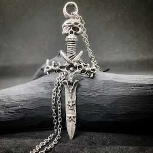 Skull & Bones Sword Necklace: Gothic Pirate Pendant, Sterling Silver Plated