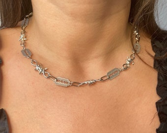Barbed Wire Razor Blade Necklace: Handmade 925 Sterling Silver Plated Punk Gothic Jewelry