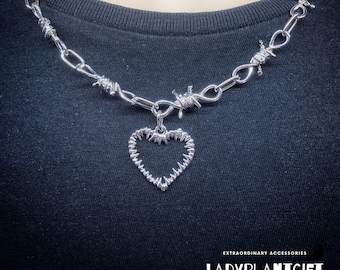 Barbed Wire Necklace Barbed Love Heart, Gothic Alternative, Silver Vampire Heart Thorns, Punk Necklace, Unisex Gothic Jewelry, Emo Jewelry