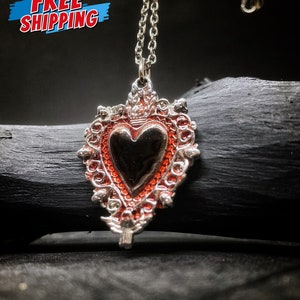 Flaming Sacred Heart Pendant Necklace, Gothic Victorian Necklace, Red Color Heart, Memento Mori , Burning Heart Pendant Silver Necklace.