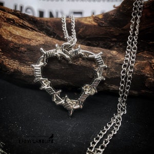 Barbed Love Heart Silver Necklace | Gothic Alternative Barbed Wire Necklace | Gothic Necklace