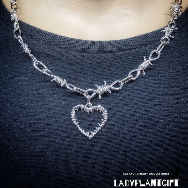 Barbed Wire Necklace Barbed Love Heart, Gothic Alternative, Silver Vampire Heart Thorns, Punk Necklace, Unisex Gothic Jewelry, Emo Jewelry