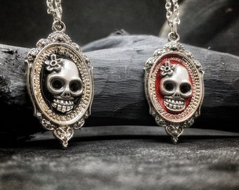 Floral Skull Necklace, Sterling Silver Plated, Gothic Jewelry