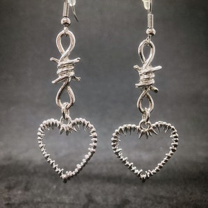 Barbed WIre Love Heart Silver Earrings, Gothic Alternative,  Barbed Wire Earrings, Gothic Style,, Silver Vampire Heart Thorns,, Emo, Goth.