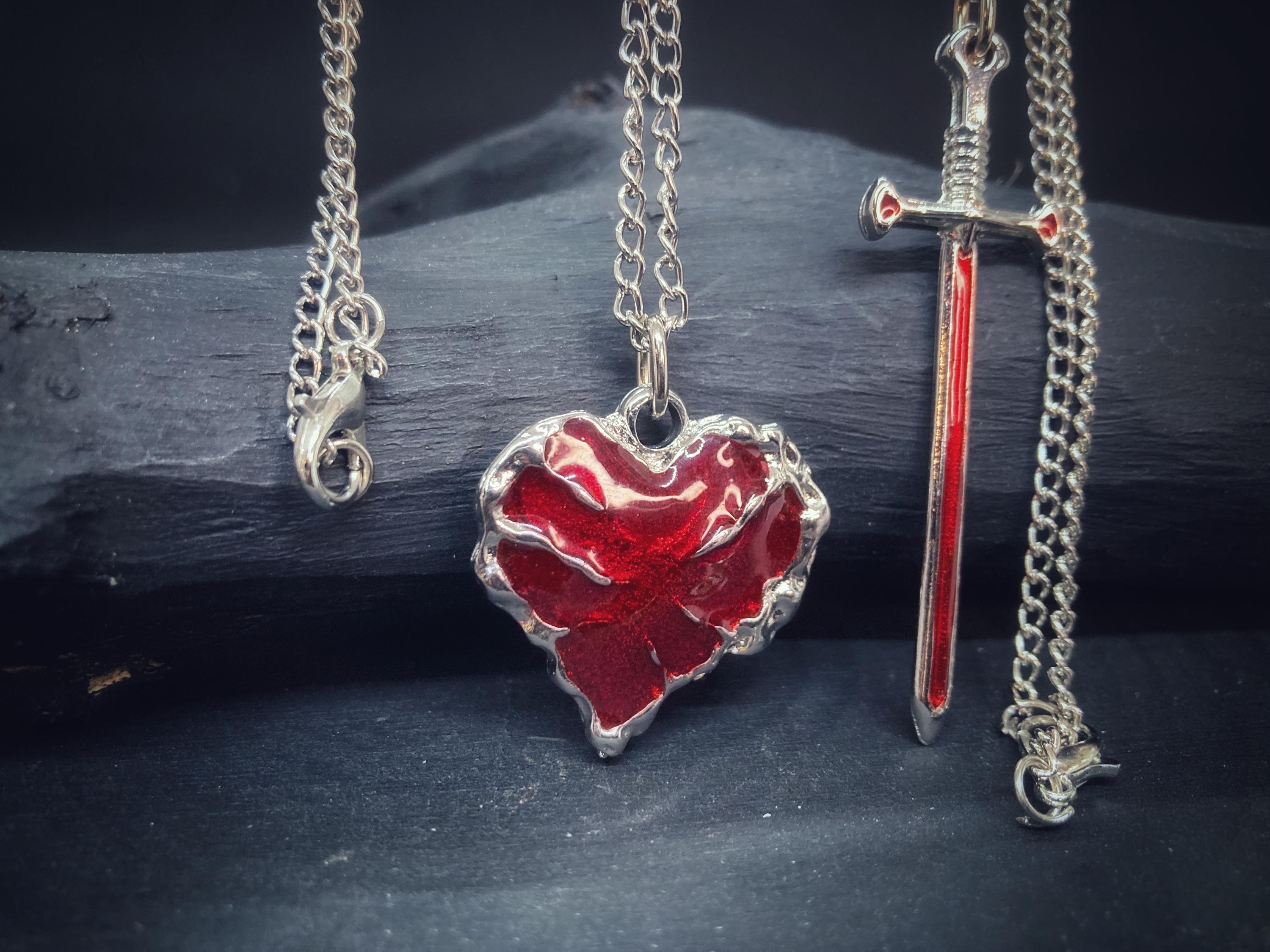 Gothic Red Heart & Sword Necklace Set: Sterling Silver Plated