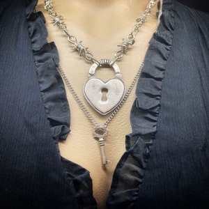 Barbed Wire Choker Necklace: Keyed Padlock, Goth Punk Jewelry
