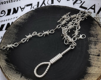 Hangman's Noose Necklace Barbed Wire, Hangman's Noose Choker Barbed Wire, Horror Jewelry, Gothic Jewelry, Spooky Fashion, Punk Jewelry, Emo.