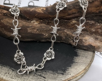 Barbed Wire Rose Necklace: Handmade 925 Sterling Silver Plated Punk Gothic Jewelry