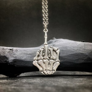 Sterling Silver Skeleton Middle Finger Necklace - Gothic Halloween Jewelry