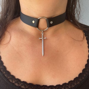 Sword choker, gothic sword vegan leather choker, gothic jewelry, spooky fashion, punk, gothic, satanic jewelry, halloween