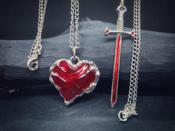 Gothic Red Heart & Sword Necklace Set: Sterling Silver Plated