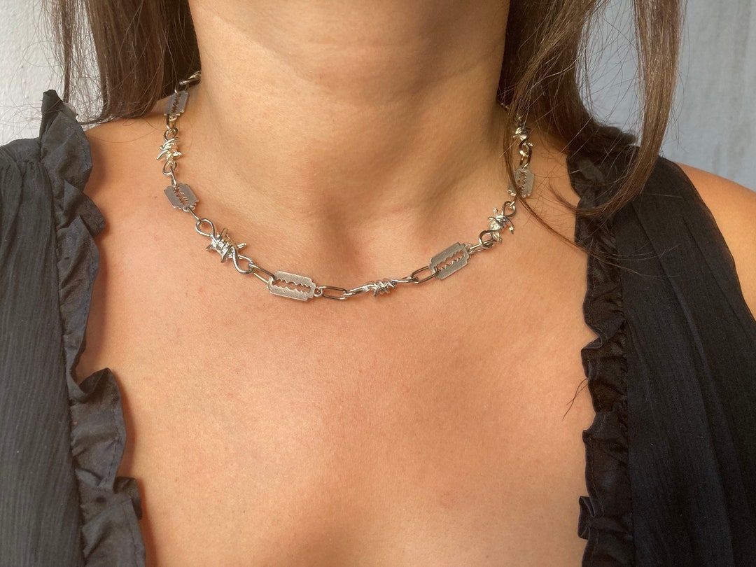 Barbed Wire Razor Blade Necklace: Handmade 925 Sterling Silver Plated ...