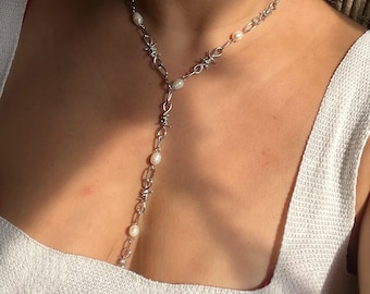 Barbed Wire Pearl Necklace: Silver Plated Gothic Choker