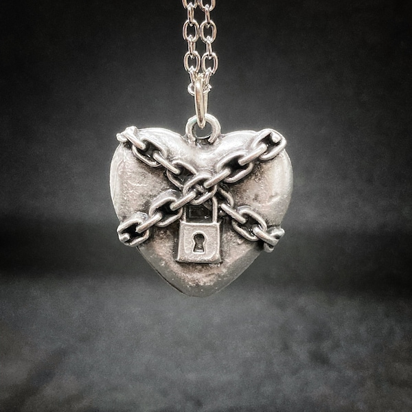 Silver Padlock Heart Necklace, Padlock Heart Barbed Wire Chain Choker, Emo, Goth, Zen, Rocker Necklace, Punk Necklace, Street Style