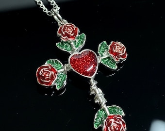 Gothic Rose Cross Necklace, Red Heart Pendant, Silver-Plated