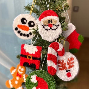 Christmas tree ornament, Punch needle handmade hanging decor, Crochet new year decor, Gingerbread man, Santa claus, Inique new year gift
