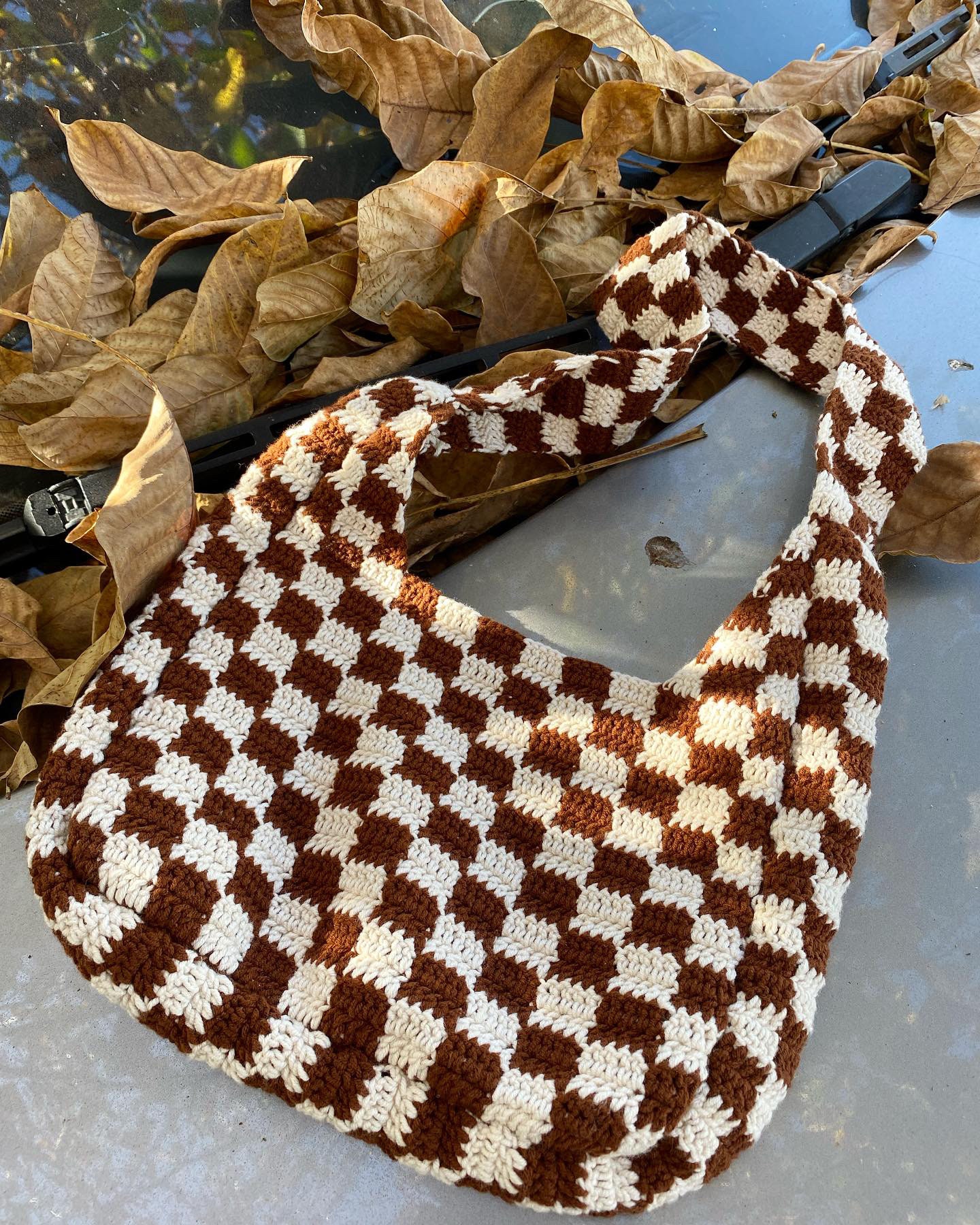 Brown Woven Checker Shoulder Bag