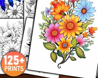 125+ Flower Coloring Page, Floral Coloring Page, Grayscale, PDF, Coloring Sheets for Adults & Kids, Digital Download, Printable Colouring