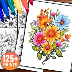 Pu&ograve; includere: Una pagina da colorare floreale colorata con un bouquet di fiori nei toni dell'arancione, del rosa, del giallo e del blu. L'immagine &egrave; circondata da pagine da colorare floreali in bianco e nero e da un cerchio con il testo "125+ PRINTS". I pennarelli sono visibili in alto a sinistra.