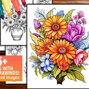 Pu&ograve; includere: Un libro da colorare con una vivace illustrazione floreale, con girasoli arancioni, rose viola e accenti blu. Il testo recita "125+ PAGES WITH BIG DRAWINGS! full sized images". Sono visibili pennarelli colorati.