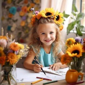 Pu&ograve; includere: Una persona giovane con i capelli biondi ricci che indossa una corona di girasoli, sorride mentre disegna con le matite. La persona indossa un vestito blu ed &egrave; circondata da vasi di fiori e una tazza gialla su un tavolo di legno.