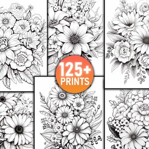 Pu&ograve; includere: Una collezione di illustrazioni floreali in bianco e nero, con varie composizioni floreali. L'immagine include una grafica circolare con il testo "125+ PRINTS". I disegni floreali includono margherite, rose e altri elementi botanici dettagliati.