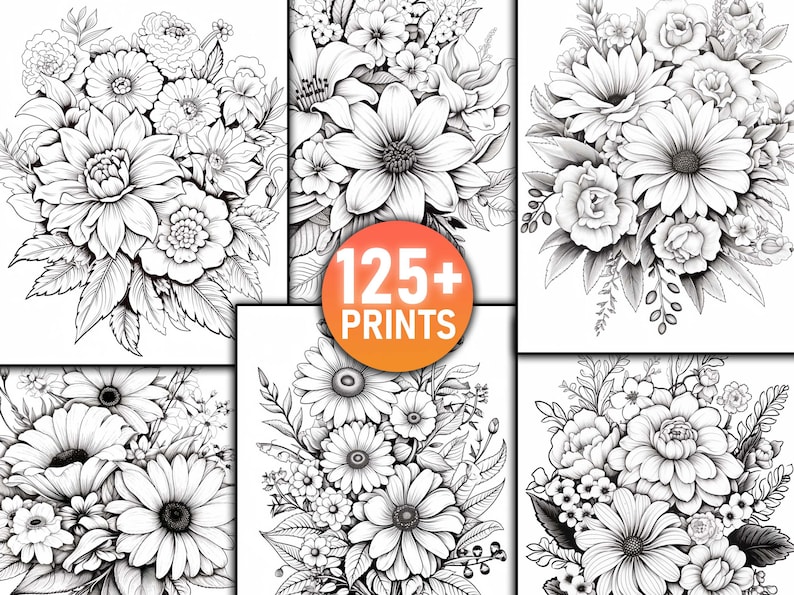 Pu&ograve; includere: Una collezione di illustrazioni floreali in bianco e nero, con varie composizioni floreali. L'immagine include una grafica circolare con il testo "125+ PRINTS". I disegni floreali includono margherite, rose e altri elementi botanici dettagliati.