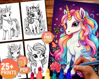 25+ Unicorn Coloring Pages, Cute Unicorn Colouring Sheet, For Adults and Kids Coloring Book, Instant Digital Download, Cool Art Pack Picture
