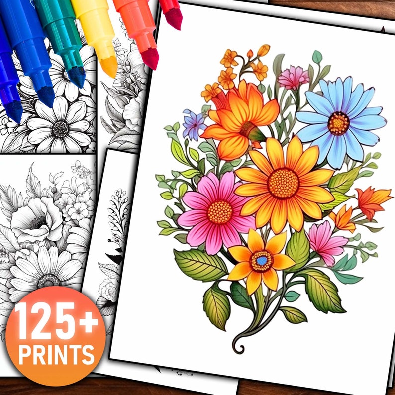 Pu&ograve; includere: Una pagina da colorare floreale colorata con un bouquet di fiori nei toni dell'arancione, del rosa, del giallo e del blu. L'immagine &egrave; circondata da pagine da colorare floreali in bianco e nero e da un cerchio con il testo "125+ PRINTS". I pennarelli sono visibili in alto a sinistra.