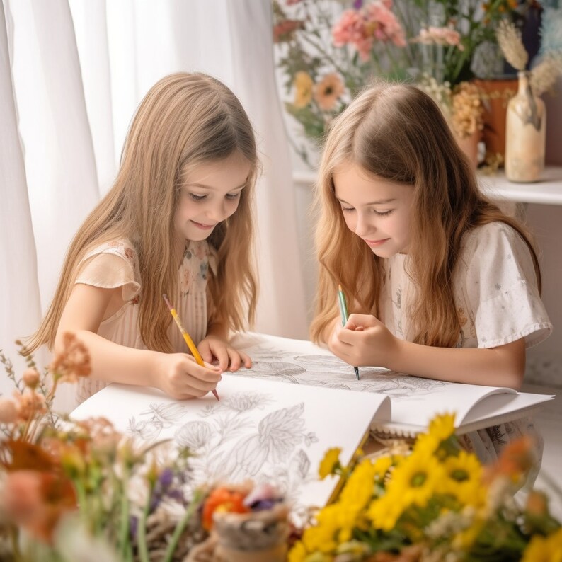 Pu&ograve; includere: Due ragazze con lunghi capelli biondi sono sedute a un tavolo, concentrate a colorare una grande illustrazione floreale in un libro da colorare. Stanno usando matite colorate. Il tavolo &egrave; circondato da fiori.