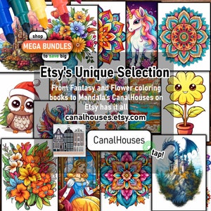 Pu&ograve; includere: Un collage colorato di illustrazioni, tra cui un unicorno, mandala, gufo e disegni floreali. Il testo recita "Etsy's Unique Selection" e "CanalHouses.etsy.com", promuovendo libri da colorare e altri articoli.